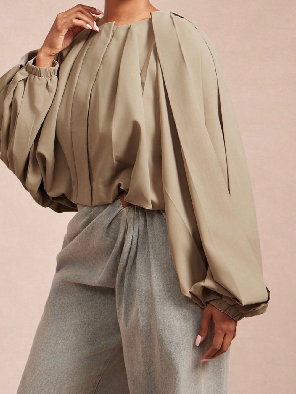 Khaki Casual Women's Lightweight Woven Statement Sleeve Jacket